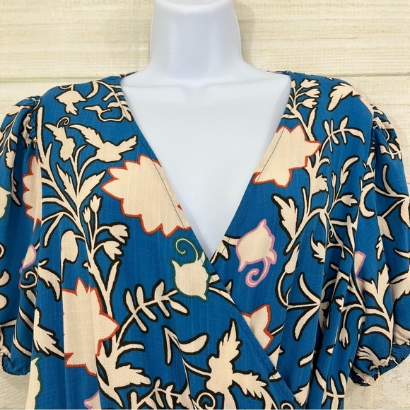 Knox Rose Blue Floral V Neck Wrap Tiered Hem Long Dress - Picture 2 of 13